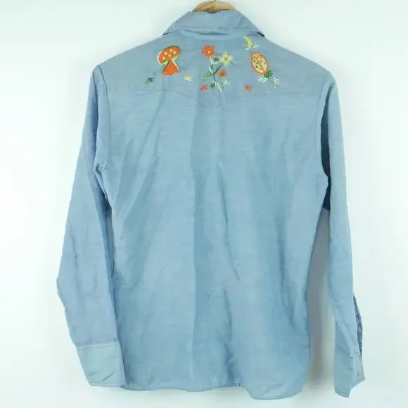 Vintage 70s Embroidered Shirt XS S Mushroom Western THRASHED Hippy Farmer - Picture 10 of 10